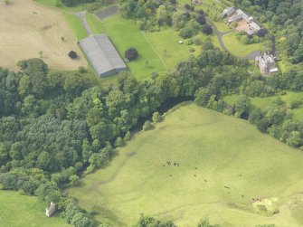 Oblique aerial view of Robgill Tower and Woodhouse Tower, taken from the ENE.