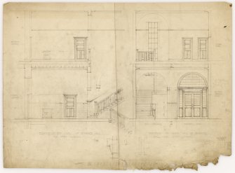 Elevations of East and South walls of Hamilton Public Library's entrance hall and upper landing.