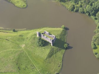 Oblique aerial view of Morton Castle, taken from the SE.