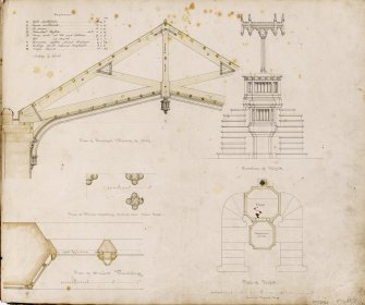 Plan and elevation of pulpit and details of roof trusses.