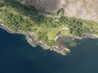 Oblique aerial view of the jetty and North Lodge, taken from the ENE.