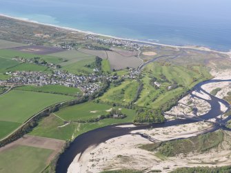 General oblique aerial view of Garmouth and Kingston Golf Course with the River Spey adjacent, taken from the SSE.