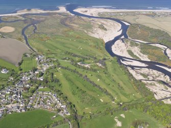 General oblique aerial view of Garmouth and Kingston Golf Course with the River Spey adjacent, taken from the SSW.