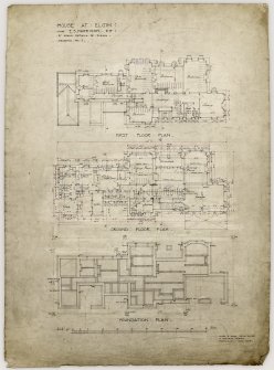 Moray, Elgin, The Bield.
First floor, ground floor and foundation plans.
Titled:  'House At Elgin:  For E.S Harrison Esq 1/8" Scale Details Of Plans.  Drawing No 1.'
Insc:  'James B. Dunn, A.R.S.A.,  F.R.I.B.A.,  14 Fredrick Street, Edinburgh.  Sept 1928.'