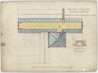 Drawing showing roof plans and sections with pencil annotations. 
Titled: 'Dalmore Distillery. Additions and Alterations. Roof Plan and Plan of Granary with Roof. Section thro Granaries at hoist'.