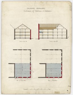 Drawing showing sections and plans. 
Titled: 'Dalmore Distillery. Extension of Maltings and Granaries; Section on Line A-B; Section on Line C-D; Plan of Ground Floor; Plan of First Floor'.

