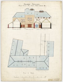 Drawing showing elevation, plan and section. 
Titled: 'Dalmore Distillery. Mash House, Mill Room, Spirit Store, etc. Section thro Spirit Store; Elevation facing yard; Section of Coal Ho and Receiver Room; Plan of Roofs'.