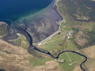 General oblique aerial view of Inverie Bay and the remains of the fish traps during the Glenelg Music Festival, taken from the SE.