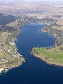 General oblique aerial view of Loch Aline with the village of Lochaline in the foreground, taken from the SW.