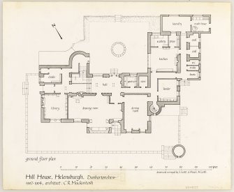 Hill House
Ground floor plan
Titled: 'ground floor plan  Hill House, Helensburgh, Dunbartonshire  1902-1904, architect: C.R. Mackintosh  drawn and surveyed by S. Scott, G. Fraser, A. Leith'