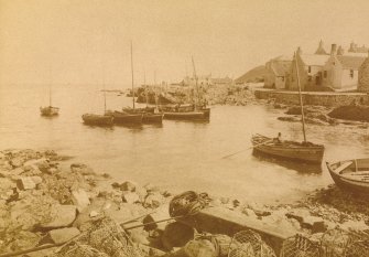 General view over Whitehill harbour with boats. 
Titled: 'WHITEHILLS'
PHOTOGRAPH ALBUM No.11: KIRSTY'S BANFF ALBUM