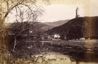 View of Wallace Monument and Abbey Craig, Stirling.
Titled 'WALLACE MONT AND ABBEY CRAIG, STIRLING. 13662 J.V.'
PHOTOGRAPH ALBUM NO 11 : KIRSTY'S BANFF ALBUM