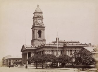 General view of Town Hall, Durban from west.  
Caption unclear but possibly titled 'TOWN HALL, DURBAN *104'.
The Town Hall, now a Post Ofice was on West Street, renamed Dr Pixley Kaseme Street.  Built between 1882-85.
PHOTOGRAPH ALBUM NO 11: KIRSTY'S BANFF ALBUM