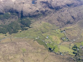 Oblique aerial view of the remains of the township of Kilbride and the nearby field system and cultivation remains, also showing the location of High Pasture Cave, Strath Suardal, Skye, taken from the N.