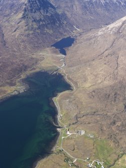 General oblique aerial view of the remains of fish traps at the head of Loch Slapin, Skye, taken from the SSW.