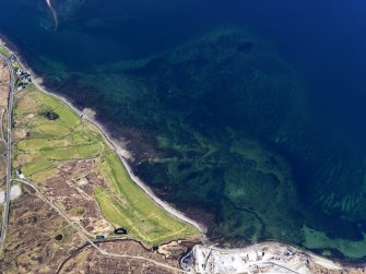 Oblique aerial view of the remains of fish traps near Sconser golf course and quarry, Skye, taken from the SE.