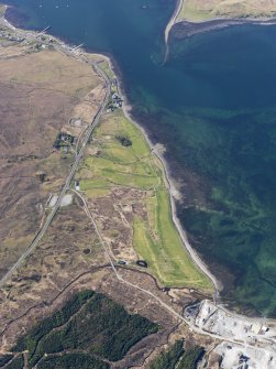 General oblique aerial view of the remains of fish traps near Sconser golf course, and the remains of Achadh Mor township, field system and lazy beds extending towards Sconser, Skye, taken from the ESE.