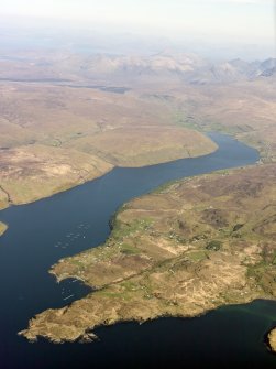 General oblique aerial view of Ardtreck Point and Portnalong, looking along Loch Harport to the Cuillins, Isle of Skye, taken from the W.