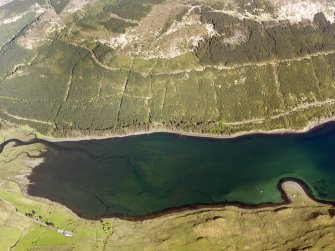 Oblique aerial view of the remains of the fish traps at the head of Loch Eynort, Isle of Skye, taken from the W.