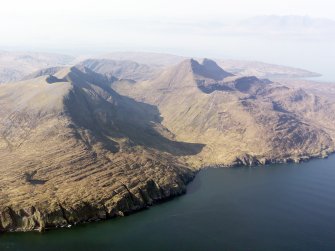 General oblique aerial view of Ainshval and Sgurr nan Gillean looking into Glen Dibidil, Rum, taken from the SW.