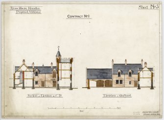 Section and elevation of courtyard in proposed additions to Ross House, Hamilton.