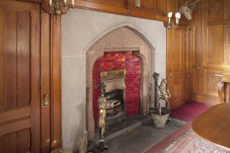 Interior. Ground floor, dining room, view of fireplace at west end