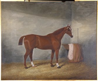 Interior. Ground floor, library, detail of horse painting