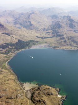 General oblique aerial view looking across Inverie Bay in Loch Nevis towards Knoydart, taken from the W.