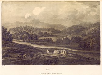 Engraving of farmhouse.
Title: Kinrara
Taken from, J Stoddart, 1801, 'Remarks on local scenery and manners in Scotland during the years 1799 and 1800',  p154 
