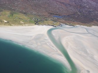 General oblique aerial view of the remains of the township of Luskentyre, with associated field boundaries and lazy beds, in the Sound of Taransay, Harris, taken from the SW.