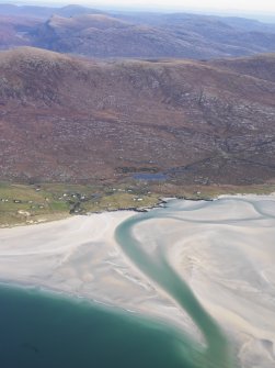 General oblique aerial view of the remains of the township of Luskentyre, with associated field boundaries and lazy beds, at the foot of Beinn Losgaintir, Harris, taken from the SW.