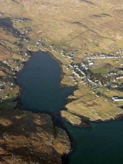 Oblique aerial view of the remains of the township and field system at Kentangaval, Castlebay, Barra, taken from the S.