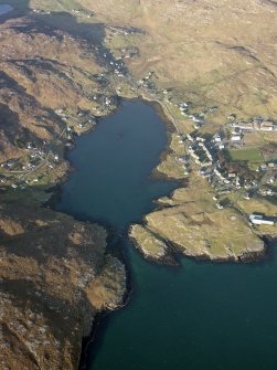 Oblique aerial view of the remains of the township and field system at Kentangaval, Castlebay, Barra, taken from the SE.