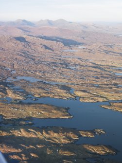General oblique aerial view of the remains of the townships of Ardvey, Finsbay and Borsham, with nearby head dykes and lazy beds, Harris, taken from the SSW.