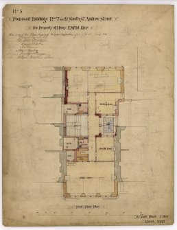 Proposed first floor plan.  Drawing includes signatures of the various contractors. 

Title: Proposed Buildings Nos 7 and 9 south St Andrew Street, The Property of Henry Moffat Esq, First Floor Plan.