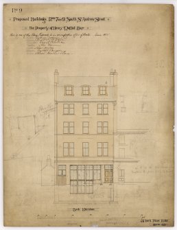 Back elevation.  Drawing includes signatures of the various contractors. 
Title: Proposed Buildings Nos 7 and 9 south St Andrew Street, The Property of Henry Moffat Esq, Back Elevation.
