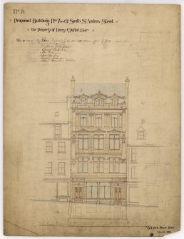 Front elevation.  Drawing includes signatures of the various contractors. 
Title: Proposed Buildings Nos 7 and 9 south St Andrew Street, The Property of Henry Moffat Esq, Front  Elevation.