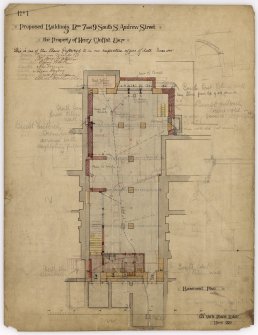 Basement plan.  Drawing includes signatures of the various contractors. 
Title: Proposed Buildings Nos 7 and 9 south St Andrew Street, The Property of Henry Moffat Esq, Basement Plan.