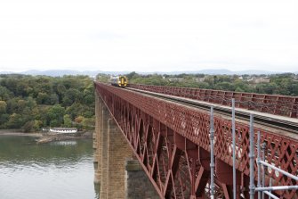 Bridge deck with train, view from cantilever to N