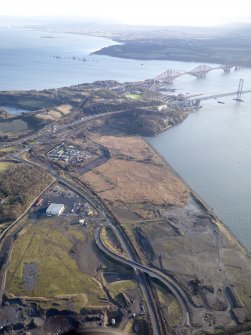 General oblique aerial of the new Forth crossing works site, taken from the WNW.