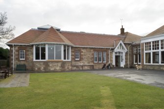 View of the player's entrance and the bay window of the men's locker room, taken from the north north east.