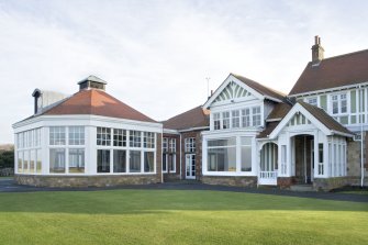 View of the main entrance to Muirfield clubhouse, with the dining room and smoking room extensions to left, taken from west north west.