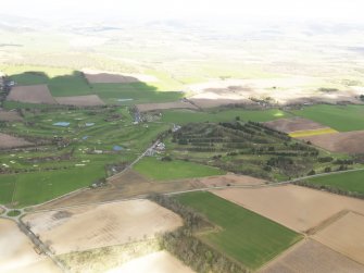 General oblique aerial view of Glenisla Golf Course on left and  Alyth Golf Course on right, taken from the SSW.