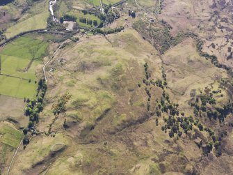 General oblique aerial view of the remains of Am Baghan Burblach fort and the old military road in Glen More, E of Glenelg, taken from the ENE.