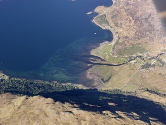 Oblique aerial view of the remains of a fish trap near Shiel Bridge at the head of Loch Duich, taken from the SE.