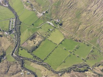 Oblique aerial view of the remains of field systems, sheep fold and farmstead at Lienassie, Strath Croe at the head of Loch Duich, taken from the SE.