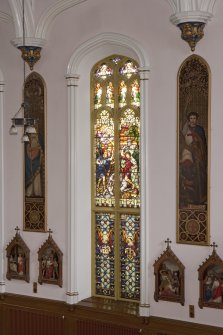 Interior. West wall, detail of stained glass window.