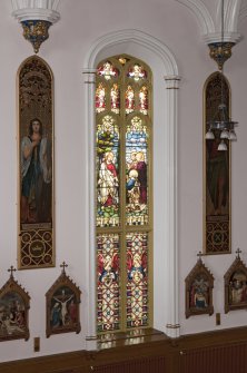 Interior. East wall, detail of stained glass window.