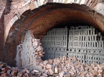 Detail of south end,  gas-fired Hoffmann Continuous Kiln centred at NS94470 67952. This shows the set green bricks left unfired when the brickworks closed in December 2011.