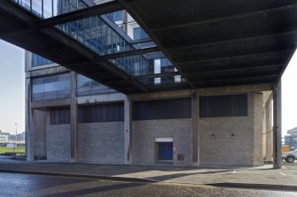 View of the exterior of Tayside House at street level, including the underside of the footbridge link between tower and reception building